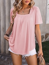 cheap T-shirts-Women&#039;s Boho T-shirt Plain Bohemia Stylish Basic Short Sleeve Puff Sleeve Square Neck Regular Tops Daily Going out Weekend Dressy Tunic Black White Light Green Pink Royal Blue Summer