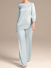 preiswerte Hosenanzüge für Mama-Overall  Hosenanzug Brautmutter Elegant Einfach Minimalistisch Boot-Ausschnitt Bodenlänglich Satin 3/4 Länge Ärmel Wrap enthalten mit Einfarbig 2025