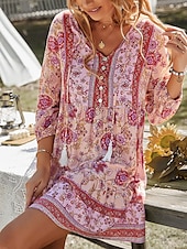 preiswerte Ausgefallene Kleider-Damen Minikleid Casual kleid Boho Chic Kleider Boho-Kleid Böhmen Kuschelig Stilvoll Urlaub Täglich Strand Lockere Passform Graphic Langarm V Ausschnitt Rote Grün Frühling Herbst