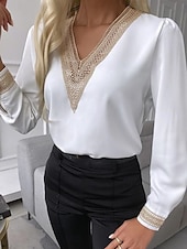 voordelige Kant Tops-Dames Overhemd Blouse Effen Kleur Stijlvol Casual Lange mouw V-hals Normale tops Dagelijks Kant Lapwerk Zwart Wit Zomer Lente Herfst