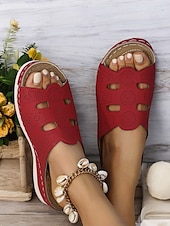 cheap Comfort Sandals-Women&#039;s Red Slip-On Sandals with Cut-Out Design, Comfortable Sole and Casual Style for Summer Wear and Daily Outings