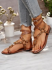 preiswerte Damensandalen-Damen-Gladiatorsandalen im Bohemian-Stil – flache Riemchenschuhe im Römerstil mit Schnürung und Nietendetails für Sommer, Strand und Freizeit