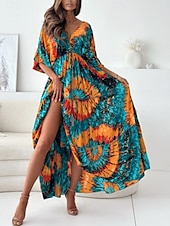billige Uformelle blomsterkjoler-Dame Maxikjole Uformell kjole Swingkjole Boho elegante kjoler Bohem Fritid Feriereise Daglig Løstsittende Blomstret Batikkfarget 3/4 ermer V-hals Lys Lilla Grønn Sommer Vår