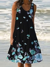billiga Blommiga klänningar-Kvinnors Mini Klänning Petite Klänning Sommarklänning Skift Klänning Volang Klänning Semester Avslappnad Utomhus Semester Dags Regular Fit Blommig Ärmlös U-Hals Blå Lila Fuchsia Grön Sommar Vår