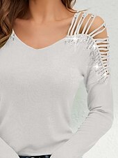 preiswerte Damen Einfache Oberteile-Damen Elegante Oberteile Elegant Langarm V Ausschnitt Normale Oberteile Schwarz Weiß Sommer Frühling
