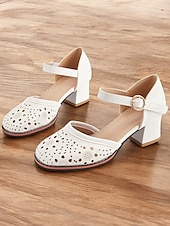 preiswerte Block Heels-Weiße Mary-Jane-Schuhe mit niedrigem Absatz für Damen – lasergeschnittenes Blumendesign, Vintage-Stil für legere und formelle Anlässe
