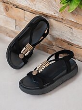 cheap Vacation Sandals-Women&#039;s Denim T-Strap Sandals with Beaded and Embellished Details, Lightweight Sole, and Boho Style for Beachwear and Summer Casual Outfits