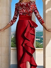 cheap RED-Floral Beaded Evening Gown Elegant Dress Carnival Formal Floor Length 3/4 Length Sleeve Boat Neck Satin with Ruffles Slit