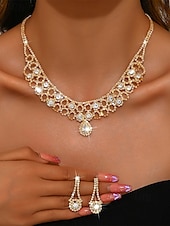 economico Collana da donna-set di collana e orecchini in cristallo dorato da donna – eleganti gioielli con strass per matrimoni, feste e occasioni speciali
