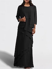 economico Set di abiti per la mamma-Due Pezzi A-Line Madre della Sposa Abito Ospite di Matrimonio Elegante Collo Gioiello Lunghezza Piena Chiffon Senza Maniche Wrap Incluso con Volant Cascading Colore Solido taglia personalizzata