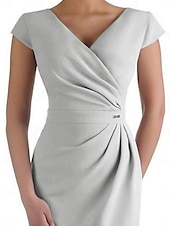 cheap Tea Length-Sheath Mother of the Bride Dress Wedding Guest Elegant V Neck Knee Length Stretch Fabric Short Sleeve with Ruched free custom size