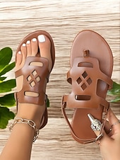 economico Sandali Piani-"sandali bassi da donna in similpelle marrone con cinturino regolabile - scarpe estive casual da indossare tutti i giorni e per le vacanze