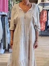 levne Šaty-Dámské Maxi šaty Šaty inspirované plátnem Bílé šaty Letní šaty Bílé bavlněné šaty Na běžné nošení Dovolená Denní Volný 3/4 délka rukávu Vroubkovaný krk Khaki Béžová Léto Jaro