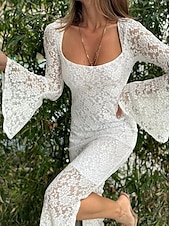levne Bílé krajkové šaty-Dámské Maxi šaty Bílé šaty Černé šaty Krajkové šaty Elegantní stylové Sexy Svatební Dovolená Párty Běžný Dlouhý rukáv Hranatý Černá Bílá Léto Jaro Podzim Zima