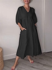halpa printtejä puuvilla- ja pellavamekot-Naisten Midimekko Pellava-inspiroidut mekot Rento mekko Tyylikäs Vapaa-aika Loma Päivittäin Normaali Tavallinen 3/4 hiha V kaula-aukko Musta Valkoinen Sininen Harmaa Kevät Syksy