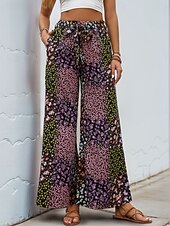 baratos perna larga e cintura alta-Mulheres Perna larga chinês Moda Roupa de rua Comprimento total Cintura Alta Leopardo Bolsos Cintura elástica Estampado Confortável Macio Micro-Elástica Ao ar livre Rua Preto Verão Primavera Normal