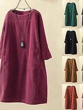 olcso design pamut és len ruhák-Női Extra méret Mini ruha Vászon ihletésű ruhák hétköznapi ruha Alkalmi Napi Előírásos öltözék Háromnegyedes Terített nyak Fekete Rozsdás vörös Rubin Medence Tavasz Ősz