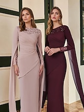 abordables violet-Robe de soirée fourreau  colonne robe élégante formelle invité de mariage longueur sol à manches longues col rond crêpe extensible avec broderie 2025