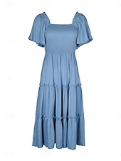 preiswerte Blumenkleider-Damen Midikleid Casual kleid Schaukelkleid A Linie Kleid Stilvoll Basic Brautkleider schlicht Urlaub Täglich Regular Fit Glatt Kurzarm Quadratischer Ausschnitt Blau Sommer
