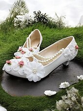 preiswerte Lässig-weiße, mit Blumen verzierte Schuhe mit Perlenriemen und niedrigem Absatz für Braut- und Hochzeitsveranstaltungen