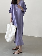 preiswerte Kleider-Damen Langes Kleid Maxikleid Leinen-inspirierte Kleider Freizeitkleid Stilvoll Ethnisch Lässig Urlaub Täglich Date Normale Passform Einfach Halbarm V Ausschnitt Purpur Sommer Frühling
