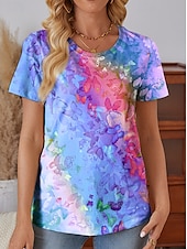 cheap Tie Dye&amp;Gradient tee-Women&#039;s T Shirt Gradient Casual Short Sleeve Round Neck Regular Tops Daily Print Blue Purple Green Rainbow Summer