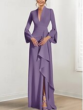 abordables violet-robe de soirée sirène / trompette robe élégante robe formelle de mariage invité balayage / pinceau train manches longues col en V crêpe extensible avec plis bretelles froncées 2025