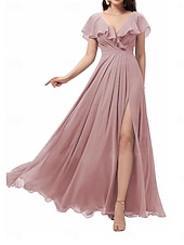 abordables Robes de demoiselle d&#039;honneur-Ligne A Robe de Demoiselle d&#039;Honneur  Col carré Sans manches Élégant Longueur au sol Nylon avec Devant Fendu 2022