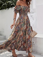 levne Boho šaty-Dámské Dlouhé šaty Maxi šaty Áčkové šaty Letní šaty Boho šaty Elegantní Čechy stylové Dovolená Denní Rande Běžný Grafika Krátký rukáv Pod rameny Oranžová Trávová zelená Tmavomodrá Léto