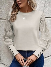 cheap Lace Tops-Women&#039;s White Elegant Lace Tops Eyelet Blouse Dressy Tops Elegant Lace Buttons Long Sleeve Crew Neck Daily Romantic Petite Tops Summer Holiday Wear Pink Khaki Summer Semi Formal Blouses