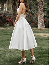 economico Abiti bianchi-Impegno Piccola Laurea Abiti Bianchi Vestiti da Sposa A-Line Scollo a V Spalline Sottile Senza Maniche Lungo al Ginocchio Abiti da Sposa in Raso Con Colore Solido 2025