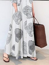 economico abiti stampati in cotone e lino-Per donna Abito maxi Abiti in cotone e lino Abito Camicia Vestito Casual Casual Vacanza Quotidiano Vestibilità regolare Grafico Manica Lunga Colletto a Camicia Bianco Giallo Rosso Estate