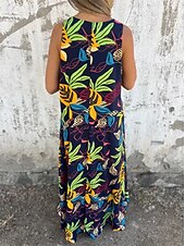 ieftine Rochii de Vacanță-Pentru femei Rochii Midi Rochie casual Rochie A line Stilat Casual Vacanță Zilnic Plajă Fit regulat Floral Frunză Fără manșon În V Albastru Închis Caisă Bej Vară