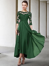 billiga Golvlängd-A-Linje Mor till Bruden Klänning Bröllopsgäst Elegant Plus Size Hög Låg Juvelhals Asymmetrisk Te-Längd Chiffong Spets Halvärmd med Rynkade Applikationer gratis skräddarsydd storlek