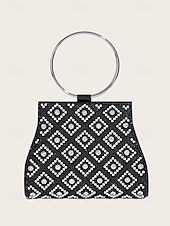 cheap Clutches &amp; Evening Bags-Women&#039;s Rhinestone Embellished Evening Clutch Bag – Elegant Handbag with Gold Ring Handle and Chain Strap for Weddings and Parties Color Silver Black / White Black