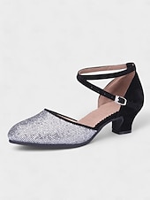 preiswerte Lateinamerikanische Schuhe-blaue und silberne Glitzer-Tanzschuhe mit überkreuzten Riemen – niedriger Absatzkomfort für Gesellschaftstanz und Bühnenbekleidung