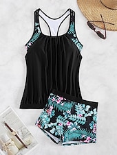 billiga Tankinis-Dam Badkläder Tankini 2 st Shorts Baddräkt Öppen rygg Magkontroll Hög midja Smal Semester Standkläder Blommig Grafisk U-hals Ärmlös Baddräkter