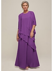 economico Con giacca-Abito Set Abiti Madre della Sposa Abito Elegante Vintage Collo Girocollo Lunghezza Pavimento Chiffon Maniche Lunghe Giacca Abiti con Volant Cascading in Pizzo 2025