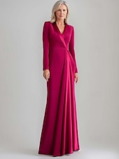 abordables Longueur du plancher-Robe fourreau  colonne robe mère de la mariée robe tuxedo élégante simple col en V longueur sol satin crêpe blazer robe à manches longues avec couleur unie 2025