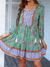 preiswerte Ausgefallene Kleider-Damen Minikleid Casual kleid Boho Chic Kleider Boho-Kleid Böhmen Kuschelig Stilvoll Urlaub Täglich Strand Lockere Passform Graphic Langarm V Ausschnitt Rote Grün Frühling Herbst