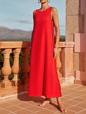 ieftine Rochii casual florale-Pentru femei Rochie Maxi Rochie casual Rochii Boho Chic Rochie Tip Maieu Boemia Casual Boho Vacanță Zilnic Plajă Potrivire Largă Simplu Manșon scurt Stil Nautic Roșu-aprins Maro Vară Primăvară