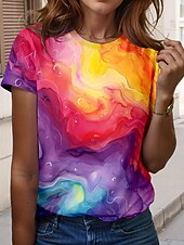 billige Tie Dye og Gradient t-skjorte-Dame T skjorte Regnbue Fritid Kortermet Rund hals Vanlige topper Daglig Trykt mønster Regnbue Sommer Vår