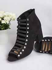 Χαμηλού Κόστους Γυναικεία Σανδάλια-γυναικεία μαύρα πέδιλα με λουράκια με τακούνι με λεπτομέρειες με καρφιά – μοντέρνο σχέδιο peep-toe για ρούχα γραφείου και πάρτι