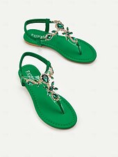 abordables Sandalias Planas-Sandalias con tira en T y adorno de diamantes de imitación verdes para mujer con correa elástica en el tobillo: calzado de verano elegante para playa, fiestas o ropa informal