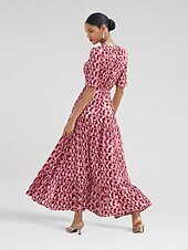 baratos vestido casual estampado-Mulheres Roupas de resort Vestido Longo Vestido Maxi Rosa Manga Curta Geométrico Com Cordão Primavera Verão Decote V férias na praia S M L