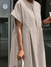 cheap Print Cotton &amp; Linen Dresses-Women&#039;s Maxi Dress Cotton Linen Dresses Casual Dress Cotton Maxi Dress Basic Casual Vacation Daily Loose Fit Plain Short Sleeve Crew Neck Khaki Army Green Dark Blue Gray Summer Spring Fall