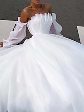 billiga Lyxiga brudklänningar-Strandbröllopsklänningar A-Linjeformad Off Shoulder Med Avtagbar Ärmar Golvlängd Organza Bröllopssuits Bröllopsklänningar Med Fållar