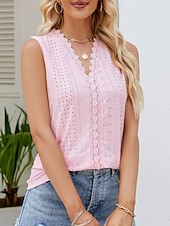 abordables Débardeurs et camisoles femme-Débardeur femme à bretelles fines uni stylé décontracté sans manches col en V hauts réguliers quotidienne dentelle œillet blanc rose été