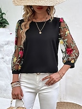 Damskie Koszula Bluzka Kwiaty Elegancki Codzienny Rękaw 3/4 Półgolf Zwykłe topy Codzienny Siateczka Haft Nadruk Czarny Granatowy Lato Wiosna tanie Eleganckie topy-Damskie Koszula Bluzka Kwiaty Elegancki Codzienny Rękaw 3/4 Półgolf Zwykłe topy Codzienny Siateczka Haft Nadruk Czarny Granatowy Lato Wiosna