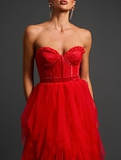preiswerte ROT-Ballkleid Abendkleid Ausgeschnittenes Kleid Abendparty Fotoshooting Bodenlänge Ärmellos Trägerlos Spitze Rückenfrei mit Rüschen Schlitz